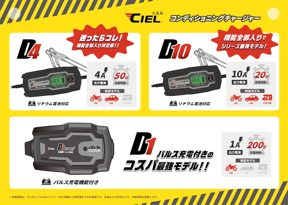 バッテリー充電器CIEL D10コンディショニングチャージャー｜リチウムバッテリー対応｜２りんかん
