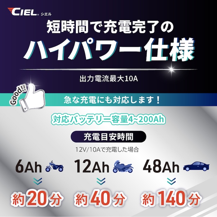 バッテリー充電器CIEL D10コンディショニングチャージャー｜リチウムバッテリー対応｜２りんかん