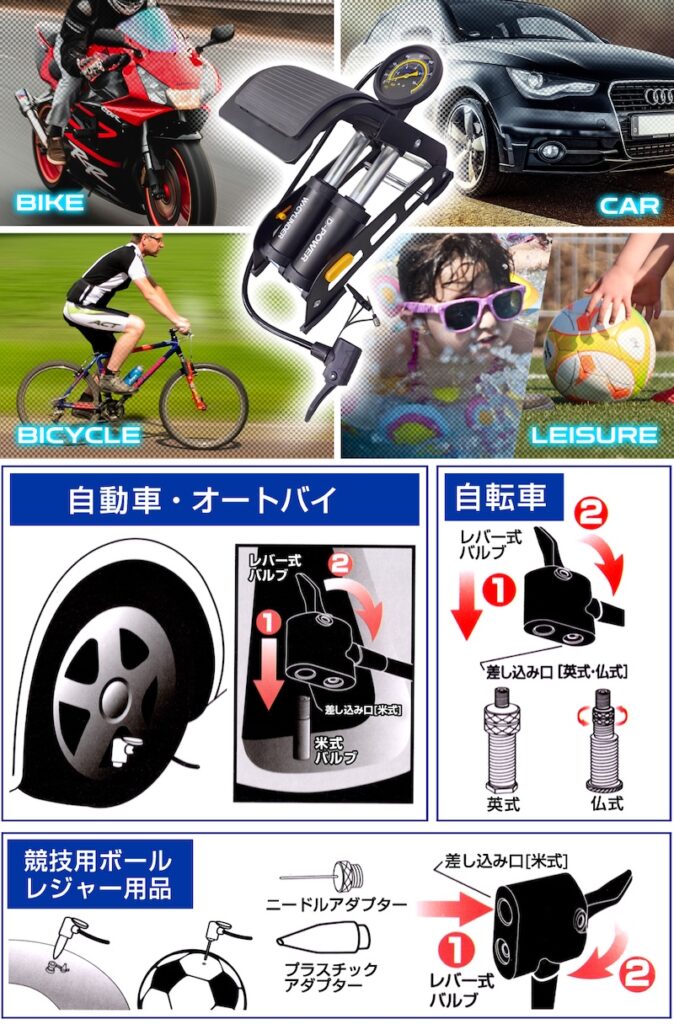 DELTA足踏み式空気入れ|ダブルシリンダーステップポンプ|2りんかん