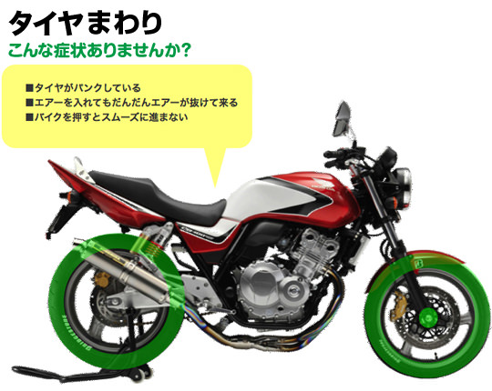 タイヤがパンクしている。 　エアーを入れてもだんだんエアーが減ってくる。 　バイクを押して歩くとスムーズに進まない。