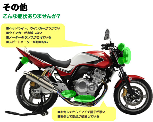 転倒してからイマイチ調子が悪い。 　転倒して部品が破損してしまった。 　ヘッドライト、ウインカーがつかない。 　ウインカーが点滅しない。 　メーターのランプが切れている。光らない。 　スピードメーターが動かない。